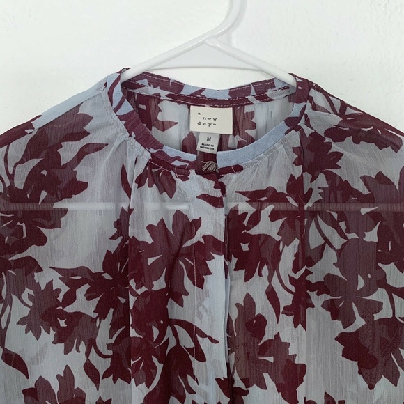 A New Day Blue Burgundy Leaf Print Popover Blouse - Picture 4 of 8